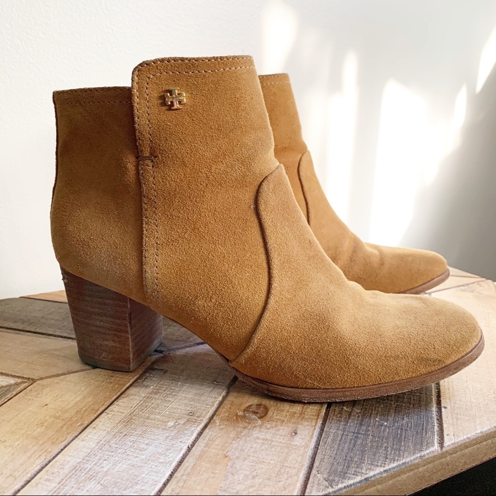 Tory Burch Chestnut Suede Block Heel Ankle Boots